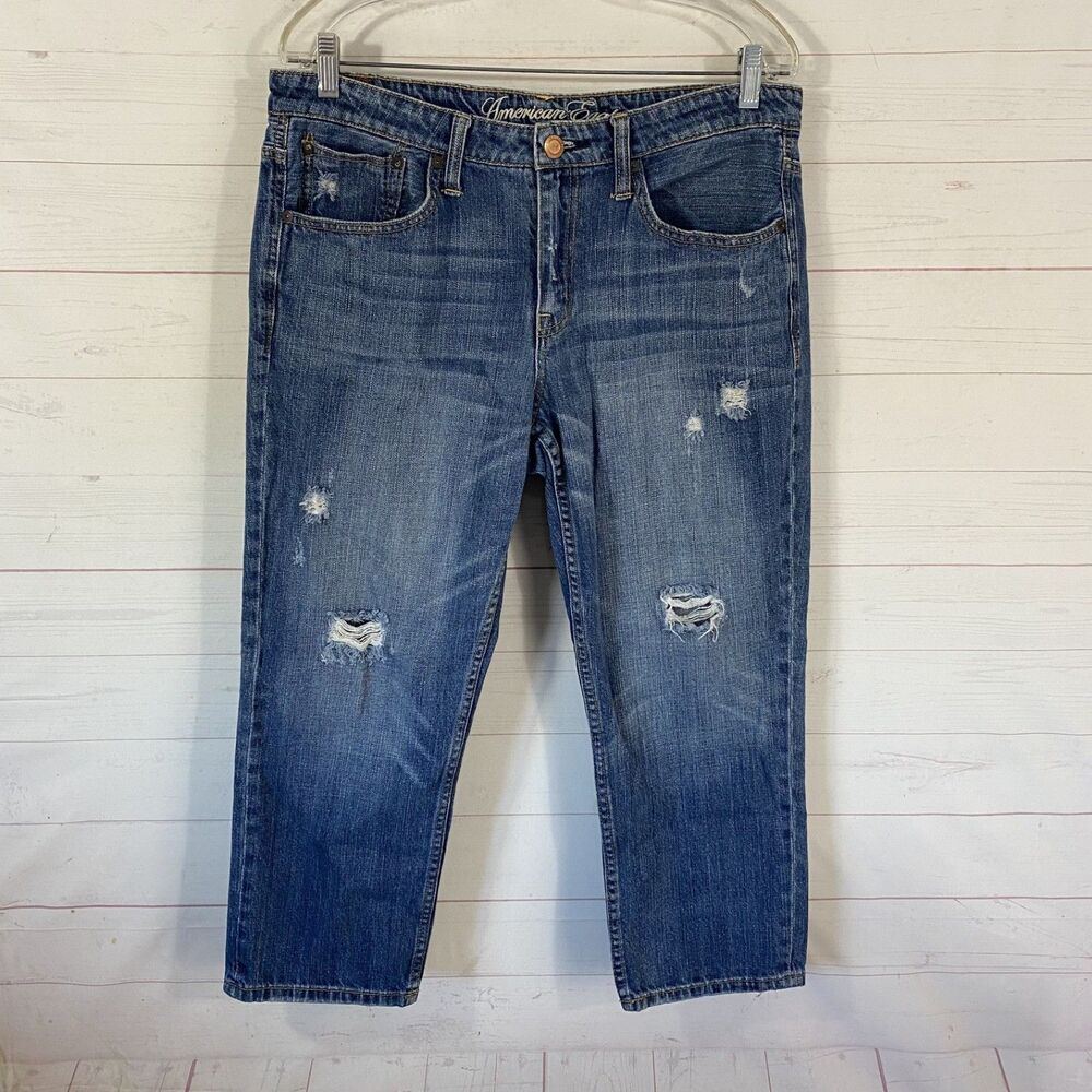 American Eagle Womens Distressed Crop Jeans Sz 12 Blue 100% Cotton Pockets